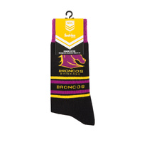 Foot-ies NRL Brisbane Broncos Organic Cotton Socks Stripes Black/Maroon/Yellow Size 8 to 13