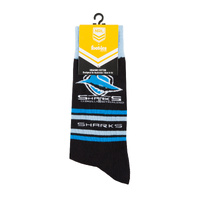 Foot-ies NRL Cronulla Sutherland Sharks Organic Cotton Socks Stripes Black/Blue Size 8 to 13