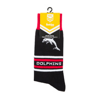 Foot-ies NRL The Dolphins Organic Cotton Socks Stripes Black/Red/White Size 8 to 13