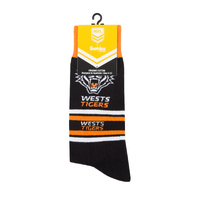 Foot-ies NRL Wests Tigers Organic Cotton Socks Stripes Black/White/Orange Size 8 to 13