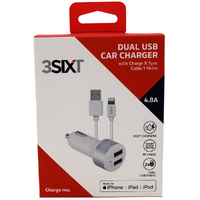 3SIXT Dual USB Car Charger with Lightning Charger & Sync Cable 1m