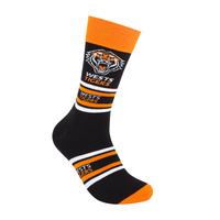 Foot-ies NRL Wests Tigers Organic Cotton Socks Stripes Black/White/Orange Size 8 to 13