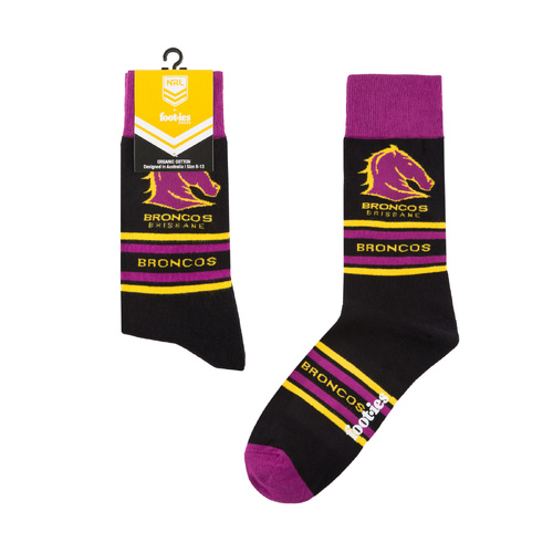 Foot-ies NRL Brisbane Broncos Organic Cotton Socks Stripes Black/Maroon/Yellow Size 8 to 13