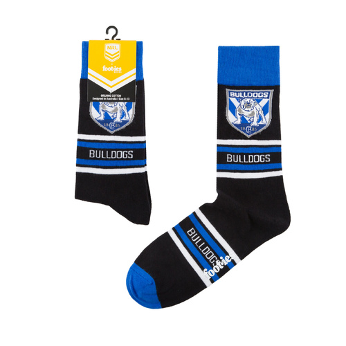 Foot-ies NRL Canterbury Bulldogs Organic Cotton Socks Stripes Black/Blue/White Size 8 to 13