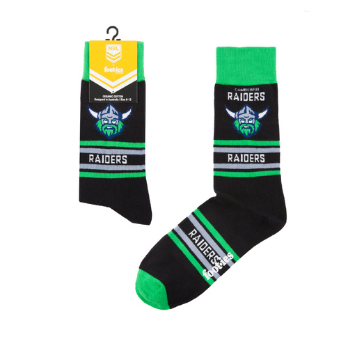 Foot-ies NRL Canberra Raiders Organic Cotton Socks Stripes Black/Green/Grey Size 8 to 13