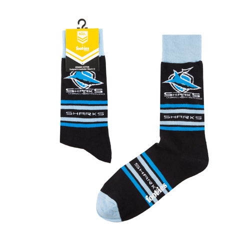 Foot-ies NRL Cronulla Sutherland Sharks Organic Cotton Socks Stripes Black/Blue Size 8 to 13