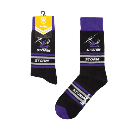 Foot-ies NRL Melbourne Storm Organic Cotton Socks Stripes Black/Purple/Grey Size 8 to 13