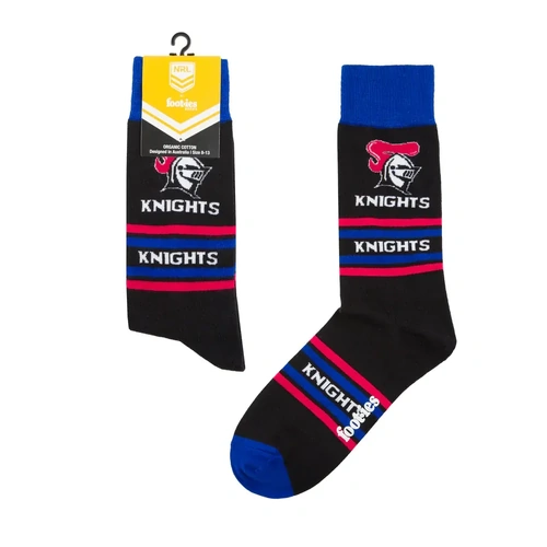 Foot-ies NRL Newcastle Knights Organic Cotton Socks Stripes Black/Blue/Red Size 8 to 13