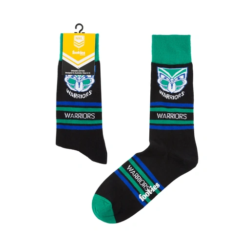 Foot-ies NRL New Zealand Warriors Organic Cotton Socks Stripes Black/Blue/Green Size 8 to 13