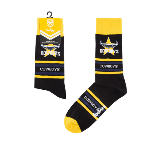 Foot-ies NRL North Queensland Cowboys Organic Cotton Socks Stripes Black/Yellow/Navy Size 8 to 13