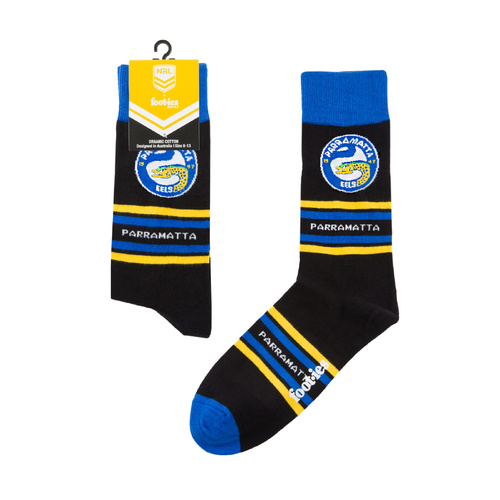 Foot-ies NRL Parramatta Eels Organic Cotton Socks Stripes Black/Blue/Yellow Size 8 to 13