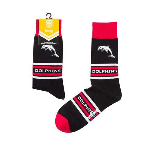 Foot-ies NRL The Dolphins Organic Cotton Socks Stripes Black/Red/White Size 8 to 13