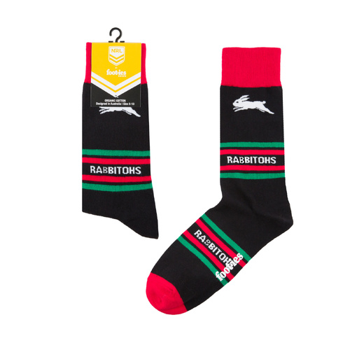 Foot-ies NRL South Sydney Rabbitohs Organic Cotton Socks Stripes Black/Red/Green Size 8 to 13