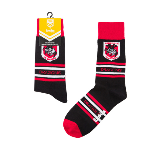 Foot-ies NRL St George Illawarra Organic Cotton Socks Stripes Black/Red/White Size 8 to 13