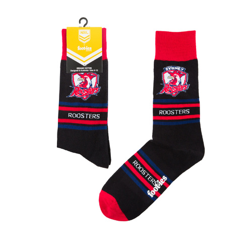 Foot-ies NRL Sydney Roosters Organic Cotton Socks Stripes Black/Red/Blue Size 8 to 13