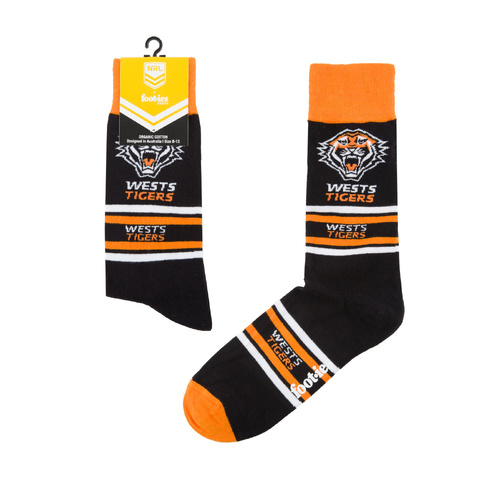 Foot-ies NRL Wests Tigers Organic Cotton Socks Stripes Black/White/Orange Size 8 to 13