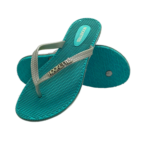 Rockettes Platinum Weave Thongs Aqua & Silver Available In A Variety Of Sizes